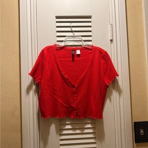 Red Button-Up V-Neck Women's Top
